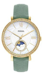 Fossil ES5168 Jacqueline Analog Moonphase Women’s Watch – Mother of Pearl White Dial & Green Leather Strap