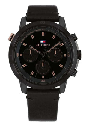 Tommy Hilfiger Troy Chronograph Black Dial Black Leather Strap Watch For Men - 1792110