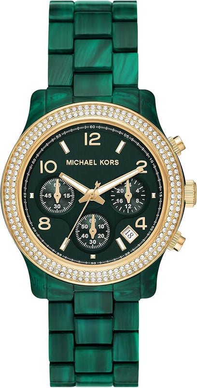 Michael Kors Runway Chronograph Green Dial Green Steel Strap Watch for Women - MK7422