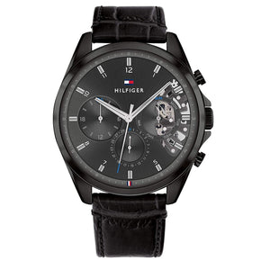 Tommy Hilfiger Baker Chronograph Black Dial Black Leather Strap Watch For Men  - 1710452
