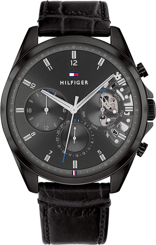 Tommy Hilfiger Baker Chronograph Black Dial Black Leather Strap Watch For Men - 1710452