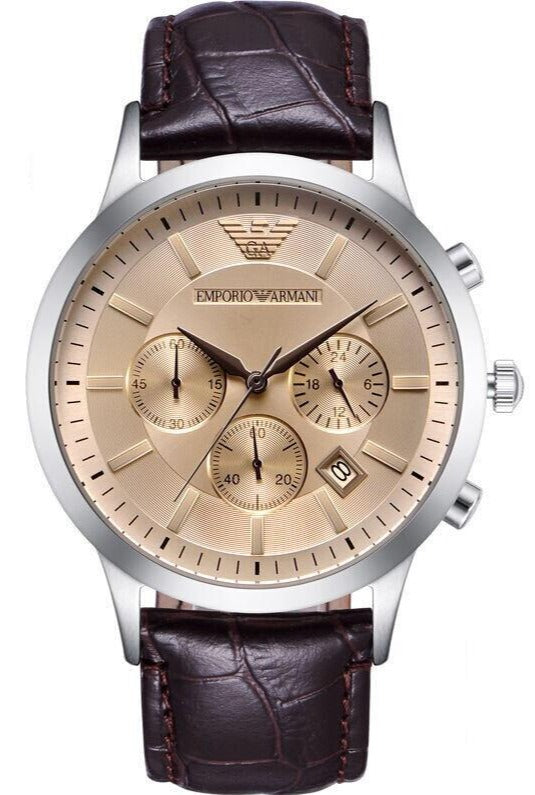 Emporio Armani Classic Chronograph Beige Dial Brown Leather Strap Watch For Men - AR2433