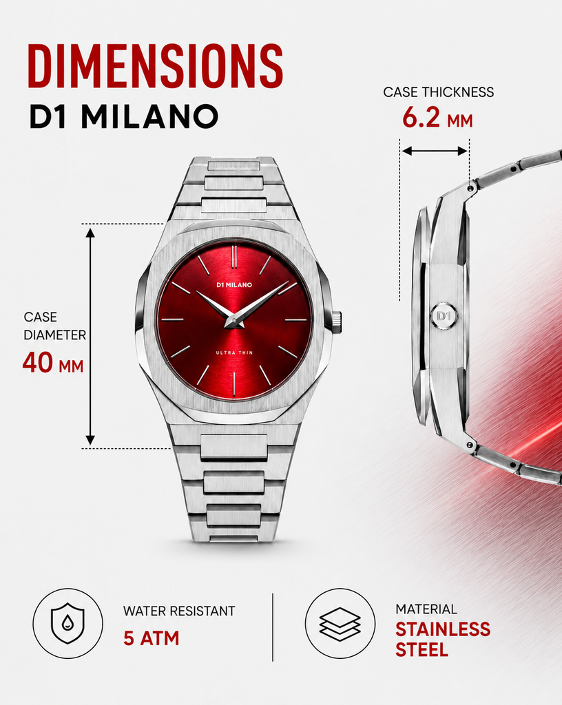 D1 Milano Ultra Thin Red Dial Silver Steel Strap Watch for Men - D1-UTBJ05