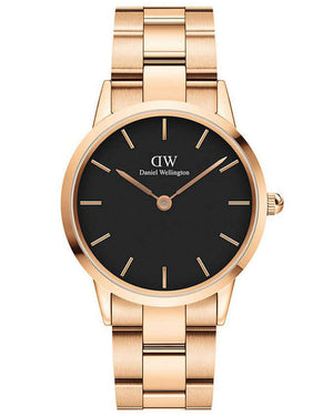 Daniel Wellington Iconic Link Black Dial Rose Gold Steel Strap Watch for Women - DW00100212