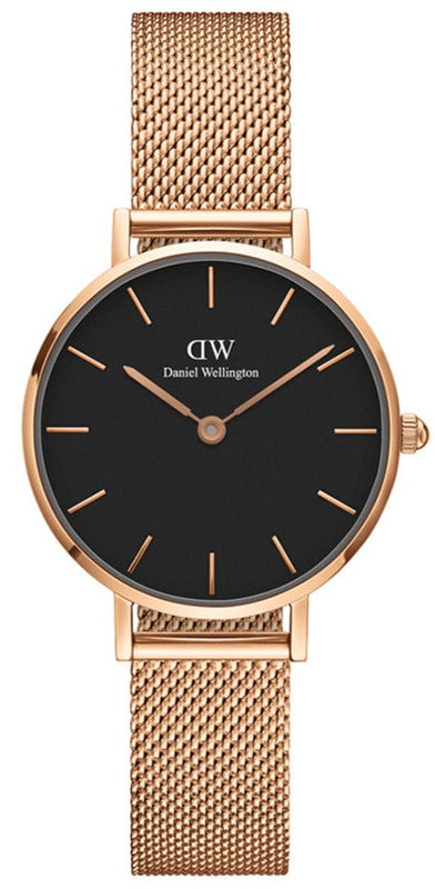 Daniel Wellington Classic Petite Melrose Black Dial Rose Gold Mesh Bracelet Watch For Women - DW00100217