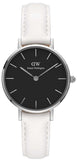 Daniel Wellington DW00100284 Classic Petite Bondi Women’s Watch – Black Dial with White Leather Strap