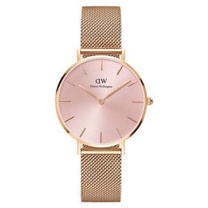 Daniel Wellington Petite Melrose Pink Dial Rose Gold Mesh Strap Watch For Women - DW00100367