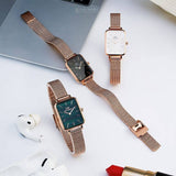 Daniel Wellington DW00100437 Quadro Melrose Women's Watch – Green Dial & Rose Gold Mesh Strap