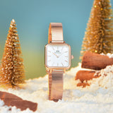 Daniel Wellington DW00100517 Quadro Studio Women's Watch – White Dial & Rose Gold Mesh Strap