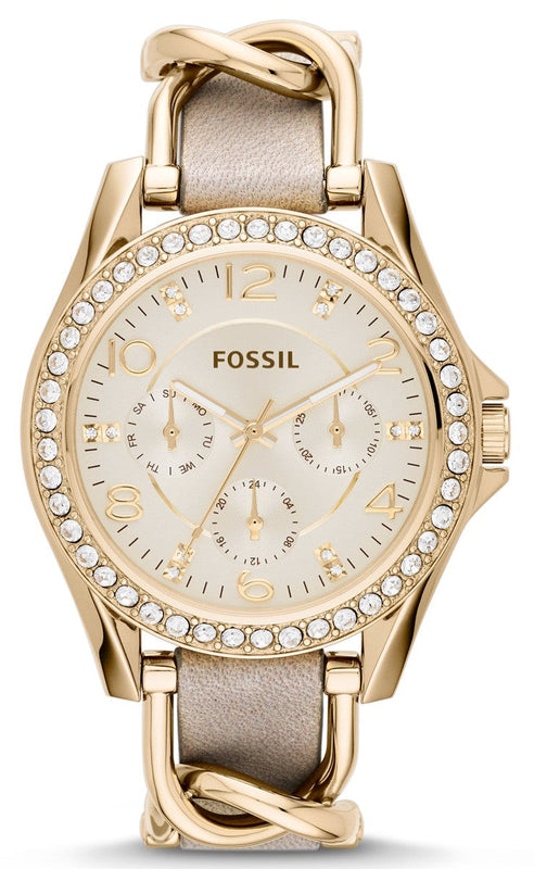 Fossil Riley White Dial Beige Leather Strap Watch for Women - ES3465