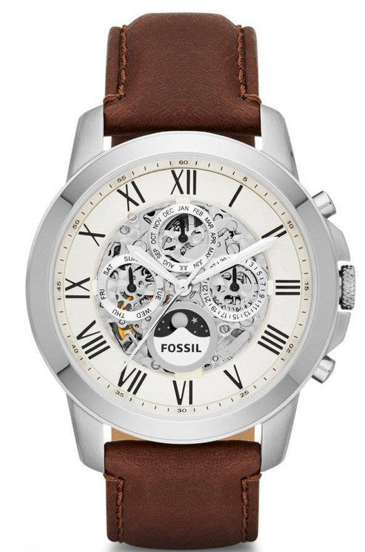 Fossil Grant Automatic White Dial Brown Leather Strap Watch for Men - ME3027