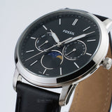 Fossil Neutra Minimalist Moonphase Black Dial Black Leather Strap Watch for Men - FS5904