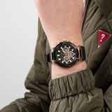Guess GW0423G2 Matrix Multifunction Men’s Watch – Gold Dial & Black Rubber Strap