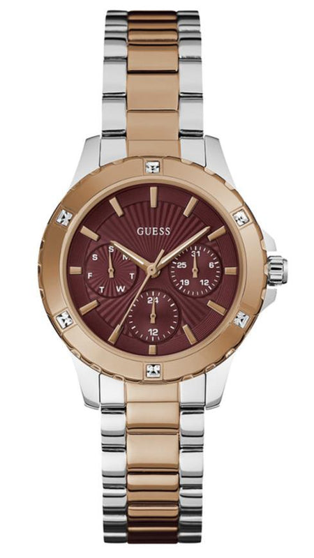 Guess Mist Analog Maroon Dial Two Tone Steel Strap Watch For Women - GW0723L2