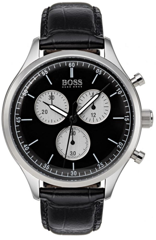 Hugo Boss Companion Black Dial Black Leather Strap Watch for Men - 1513543