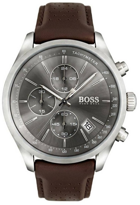 Hugo Boss Grand Prix Grey Dial Brown Leather Strap Watch for Men - 1513476