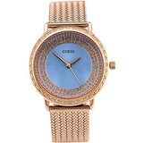 Guess Willow Crystal Blue Dial Rose Gold Mesh Bracelet Watch For Women - W0836L1