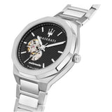 Maserati Stile Skeleton Automatic Black Dial Silver Steel Strap Watch For Men - R8823142002