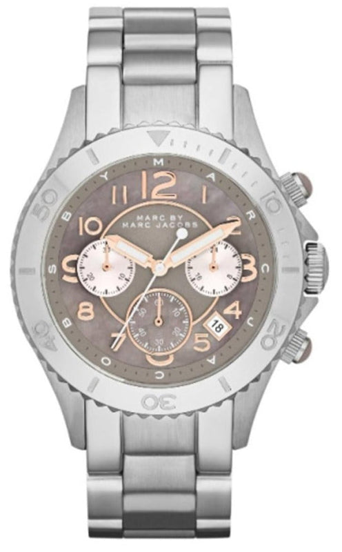 Marc Jacobs Rock Chronograph Mother of Pearl Grey Dial Silver Steel Strap Watch for Women - MBM3250