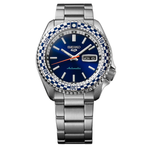 Seiko 5 Sports Petrol Blue Checker Flag Special Edition Blue Dial Silver Steel Strap Watch For Men - SRPK65K1