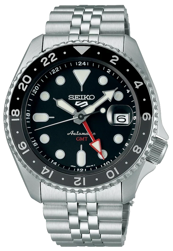 Seiko 5 Sports Automatic GMT Black Dial Silver Steel Strap Watch For Men - SSK001K1