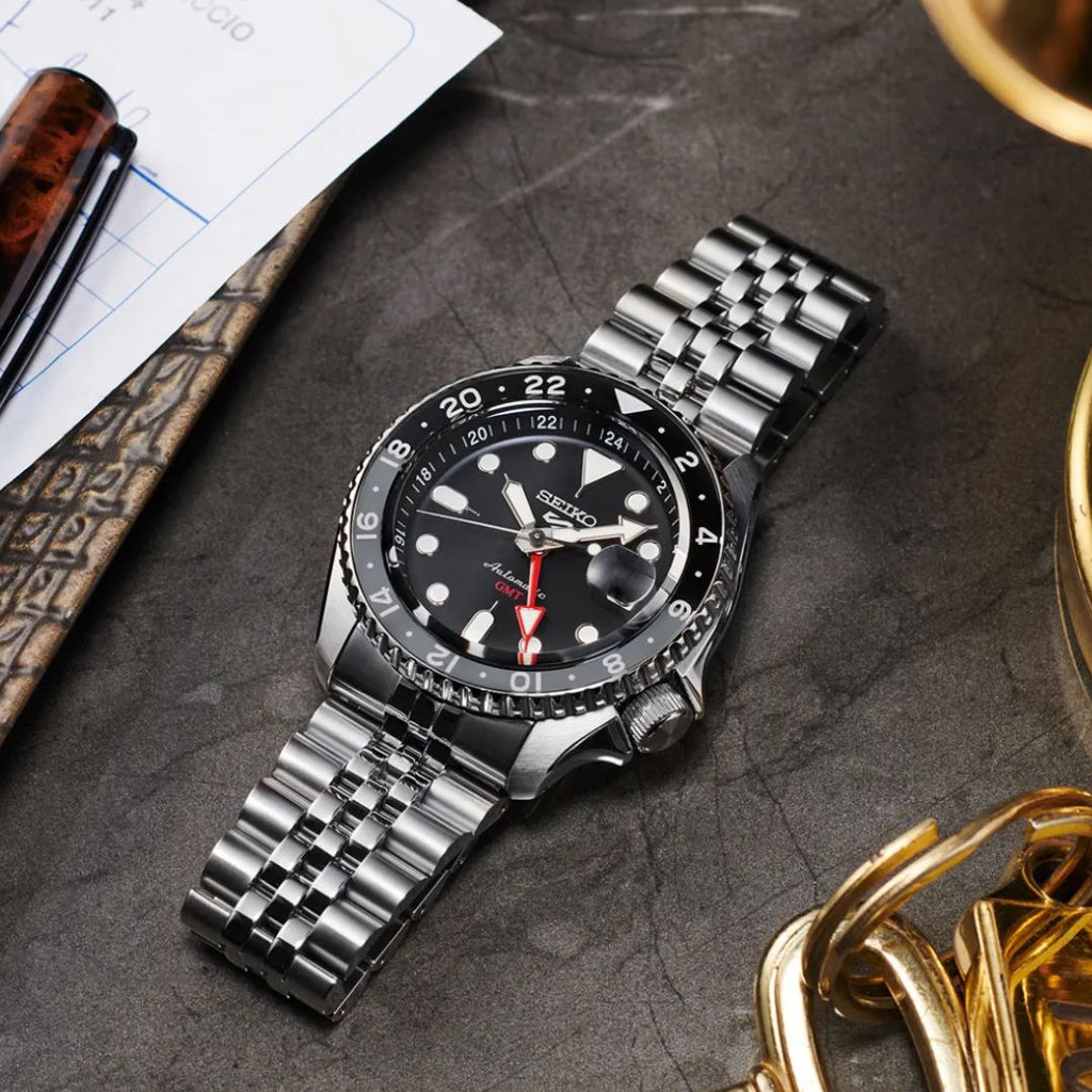 Seiko 5 Sports Automatic GMT Black Dial Silver Steel Strap Watch For Men - SSK001K1