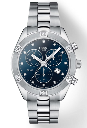 Tissot PR 100 Sport Chic Chronograph Diamonds Blue Dial Silver Steel Strap Watch for Women - T101.917.11.046.00