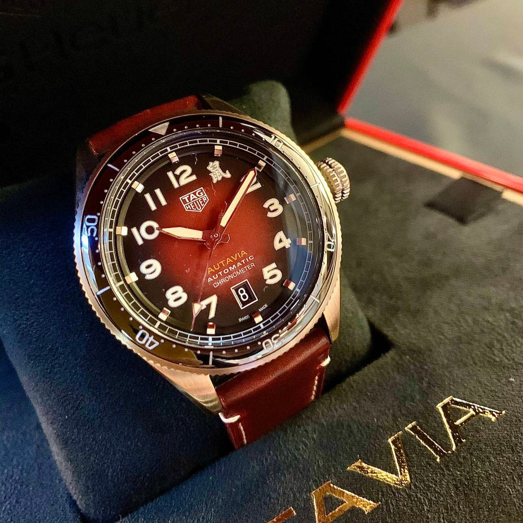Tag Heuer Autavia Calibre 5 Chinese New Year Maroon Dial Maroon Leather Strap Watch for Men - WBE5193.FC8300