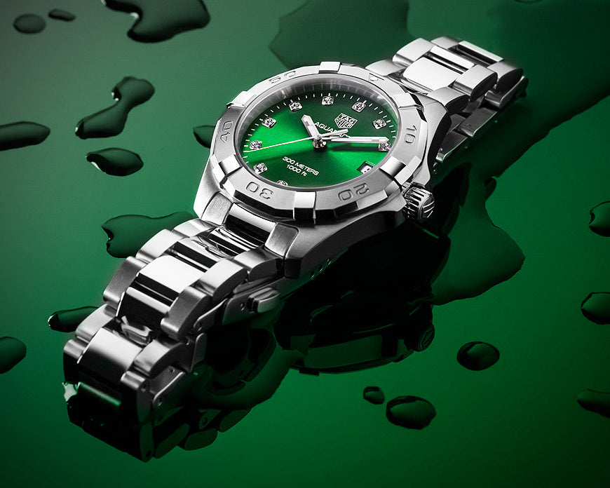 Tag Heuer Aquaracer Diamonds Emerald Green Dial Silver Steel Strap Watch for Women - WBD1316.BA0740