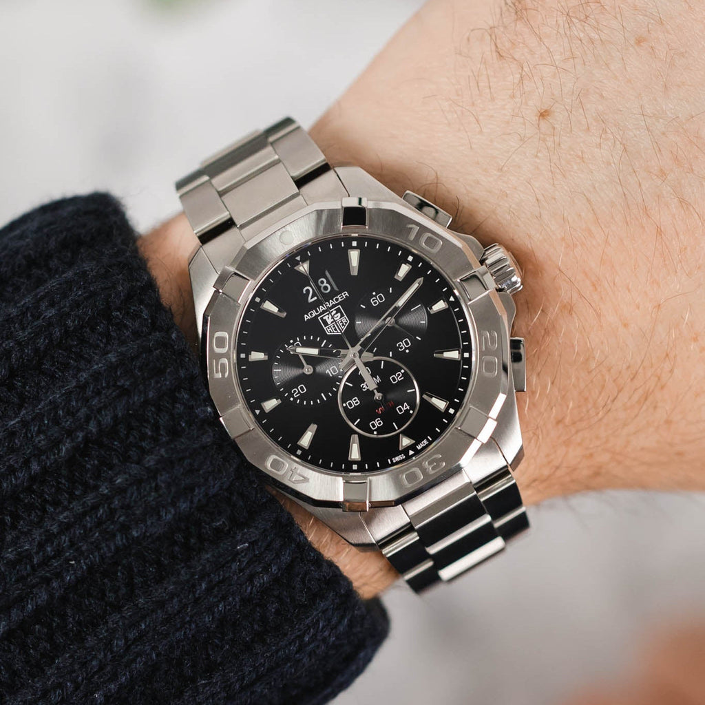 Tag Heuer Aquaracer Quartz Chronograph Black Dial Silver Steel Strap Watch for Men - CAY1110.BA0927