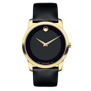 Movado Museum Black Dial Black Leather Strap Watch For Men - 606876