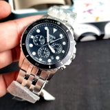 Fossil FS5837 FB-01 Chronograph Men’s Watch – Black Dial with Silver Steel Strap
