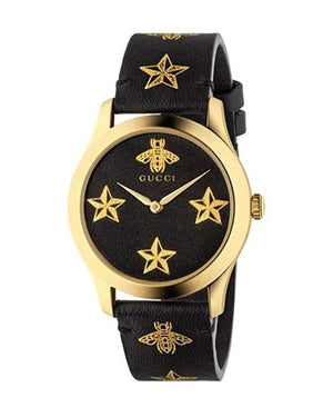 Gucci G Timeless Bee Motif Black Dial Black Leather Strap Watch For Women - YA1264055