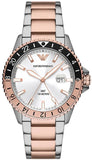 Emporio Armani AR11591 Sea Explorer GMT Quartz Men's Watch – White Dial with Two-Tone Steel Strap