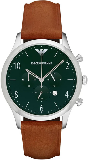 Emporio Armani Beta Chronograph Green Dial Brown Leather Strap Watch for Men - AR1941