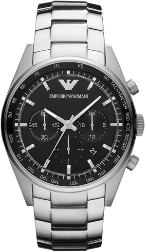 Emporio Armani Tazio Chronograph Black Dial Silver Steel Strap Watch for Men - AR5980