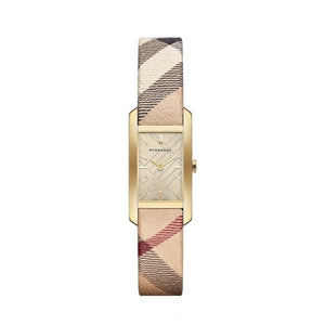 Burberry Pioneer Gold Dial Haymarket Beige Leather Strap Watch for Women - BU9509
