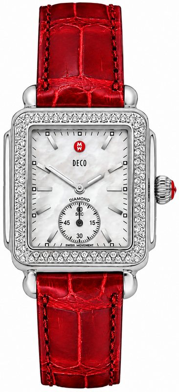 Michele Deco Mother of Pearl Dial Red Leather Strap Watch For Women - MWW06V000007
