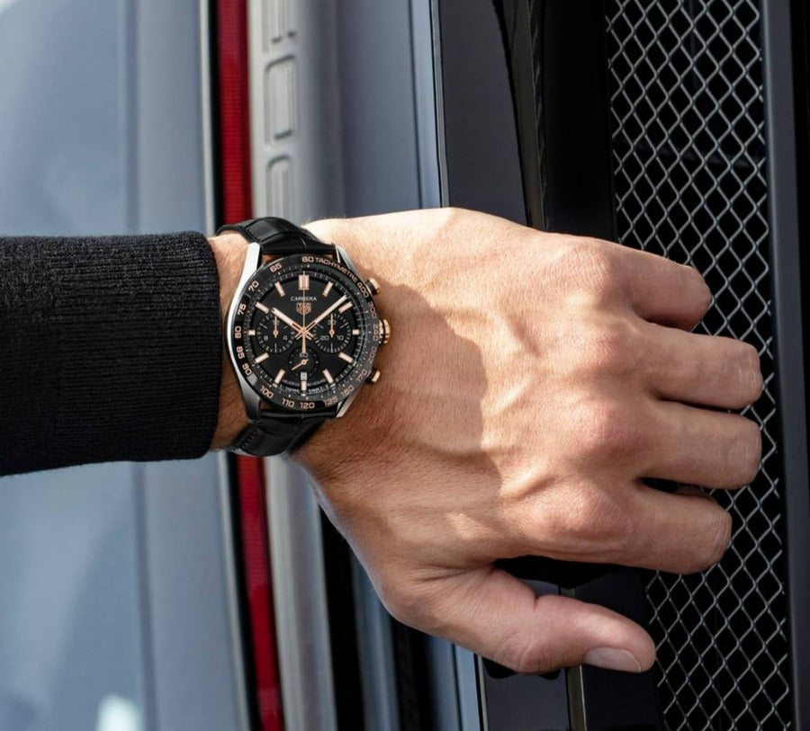 Tag Heuer Carrera Chronograph Black Dial Black Leather Strap Watch for Men - CBN2A5A.FC6481