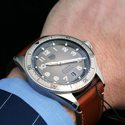 Tag Heuer Autavia Isograph Grey Dial Calfskin Brown Leather Strap Watch for Men - WBE5111.FC8267