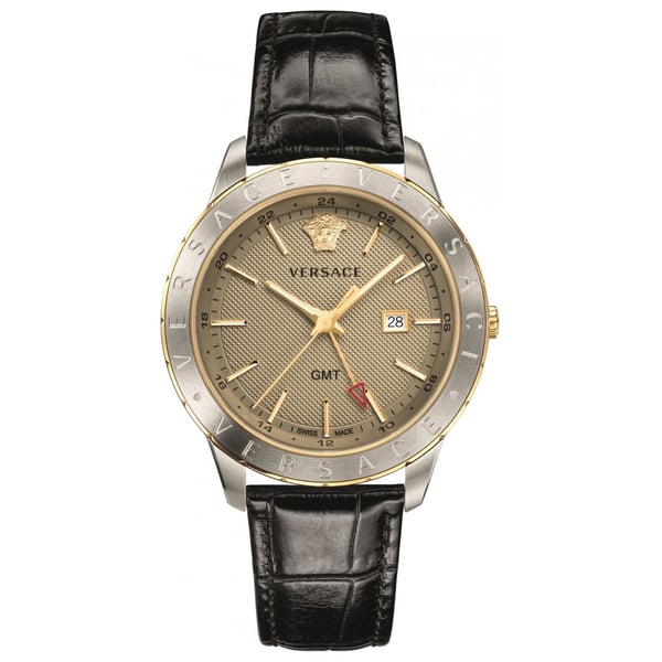 Versace Univers Beige Dial Black Leather Strap Watch for Men - VEBK00218