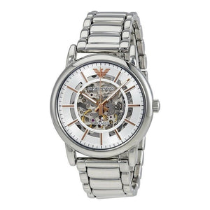 Emporio Armani Meccanico Skeleton Silver Dial Silver Steel Strap Watch For Men - AR1980