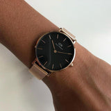 Daniel Wellington Petite Melrose Black Dial Rose Gold Mesh Strap Watch For Women - DW00100303