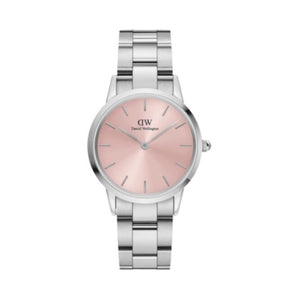 Daniel Wellington Iconic Pink Dial Silver Steel Strap Watch For Women - DW00100325
