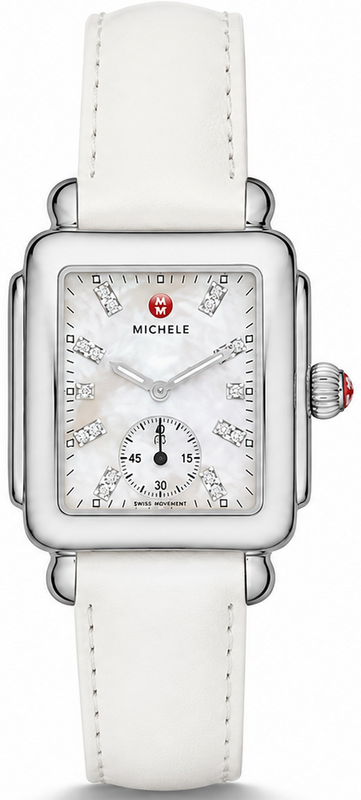 Michele Deco Mother of Pearl Dial White Leather Strap Watch For Women - MWW06V000012