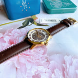 Fossil Townsman Automatic Skeleton Gold Dial Brown Leather Strap Watch for Men - ME3043
