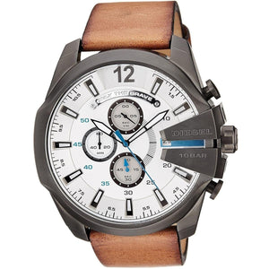 Diesel Mega Chief Chronograph White Dial Brown Leather Strap Watch For Men - DZ4280