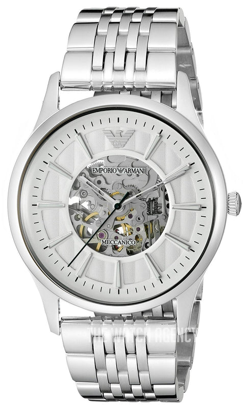 Emporio Armani Meccanico Skeleton Silver Dial Silver Steel Strap Watch For Men - AR1945