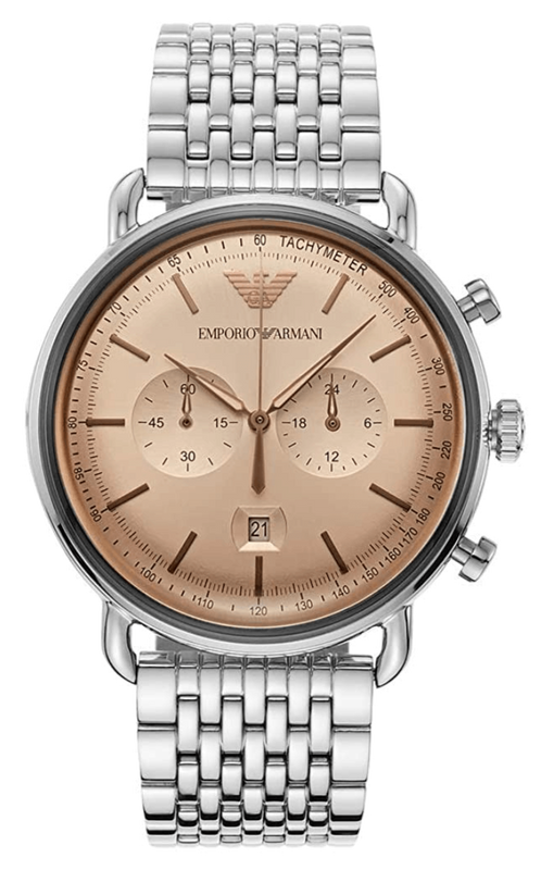 Emporio Armani Aviator Chronograph Beige Dial Silver Steel Strap Watch For Men - AR11239