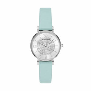 Emporio Armani Gianni T Bar Analog Crystals Silver Dial Blue Leather Strap Watch For Women - AR11443